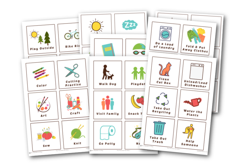 Several of the visual routine cards included in the printable bundle