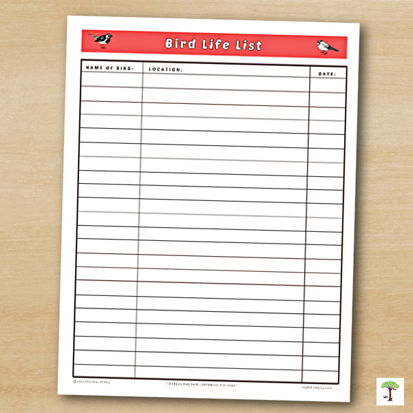 Photograph of printable bird life list sitting on a table ready to use to record the birds you see during your lifetime